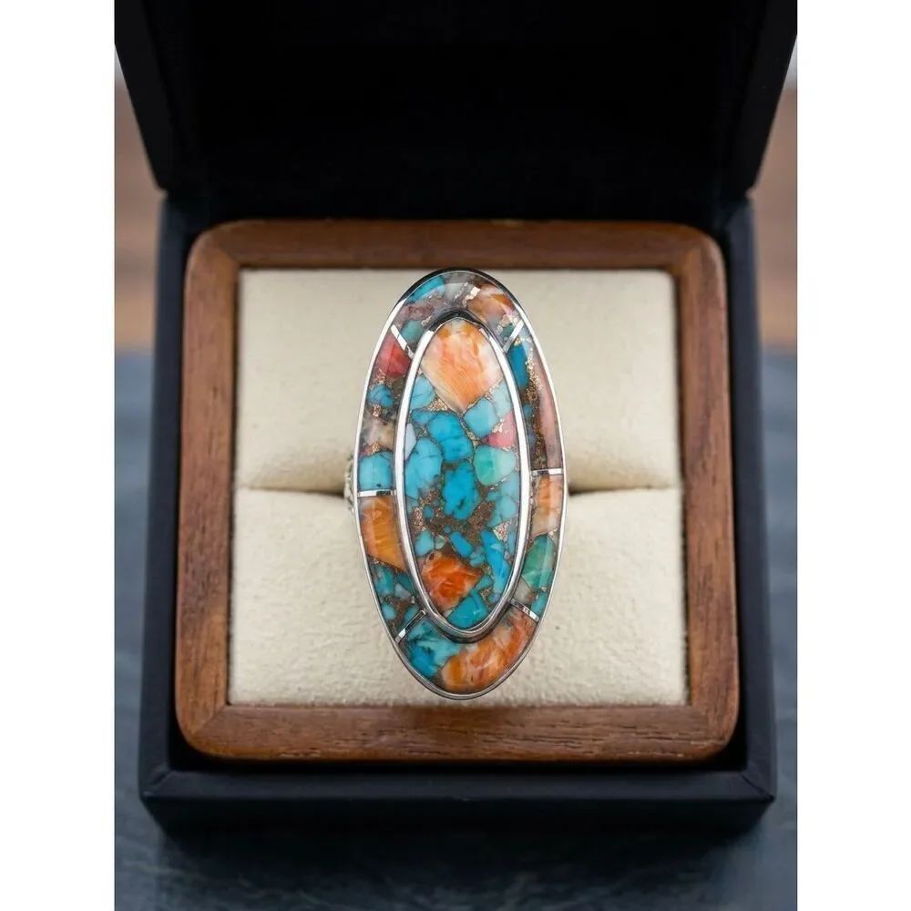 Stunning Southwestern Sterling Silver Spiny Turquoise Oval Statement Ring Size 6